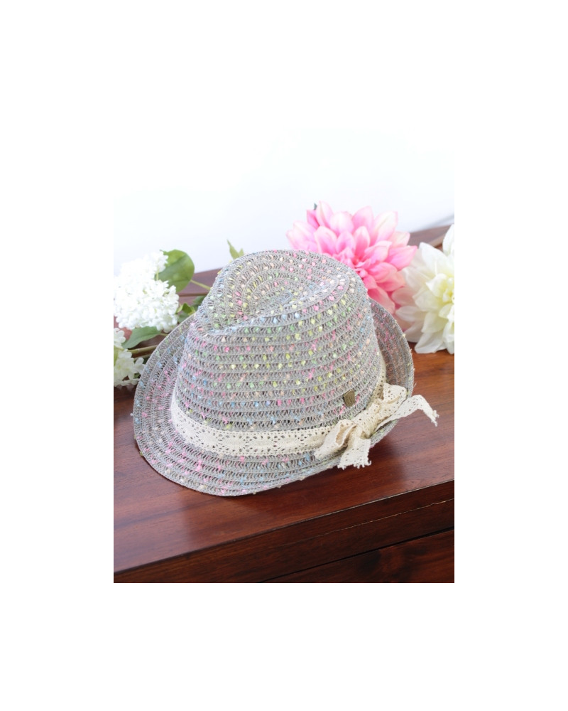 Chapeau - Panama - Touches colorées et noeud dentelle - Gris/Multi