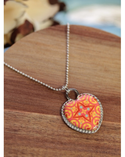 Co acier - Coeur - Motif orangé - Argenté 