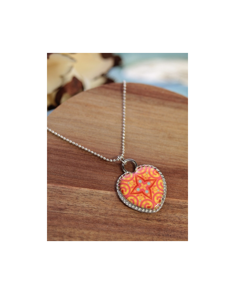 Co acier - Coeur - Motif orangé - Argenté 