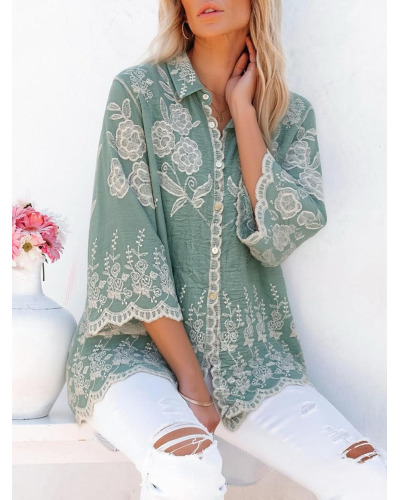 TU (max. 42) - Chemise Brodée Manches 3/4 - 100% Cot. 