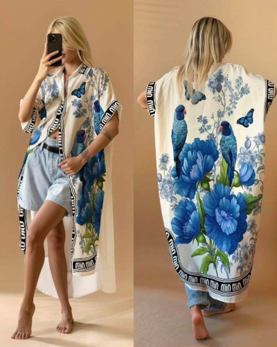 TU (max. 44) - Robe / Veste longue Impr. Fleur - 20% Lin 