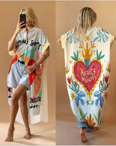 TU (max. 44) - Robe / Veste longue Impr. Soleil Coeur - 20% Lin  