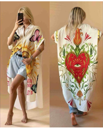 TU (max. 44) - Robe / Veste longue Impr. Soleil Coeur - 20% Lin 