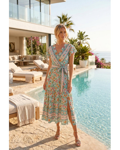 TU (max. 44) - Robe Col V Longue Nud Fente - Fleurie 