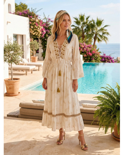 TU (max. 44) - Robe Col V lacet Longue Bohème - 100% Visc. 