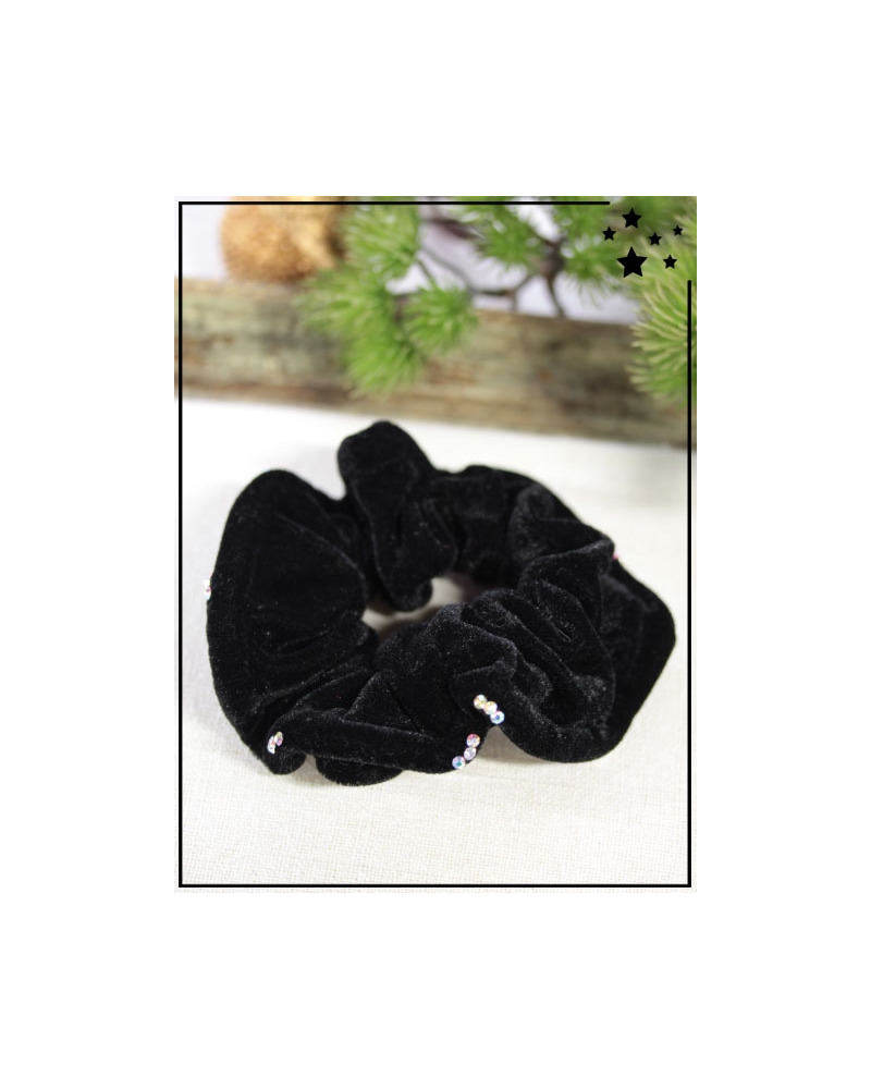 Chouchou - Effet velours - Strass argenté - Noir